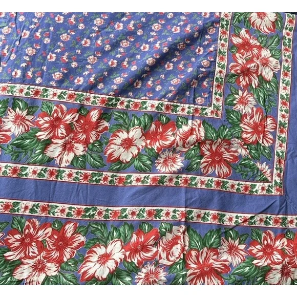 April Cornell Curtains Red Floral on Blue 4 Panels Farmhouse Cottage 35 X 51